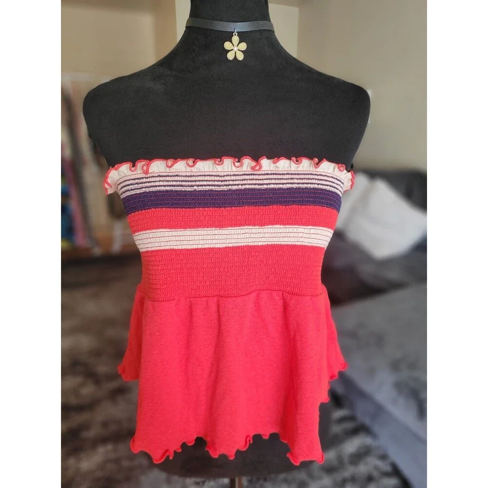 Free People Free To Be Striped Ruffle Edge Hem Stretchy Boho Tube Top Size M NWT